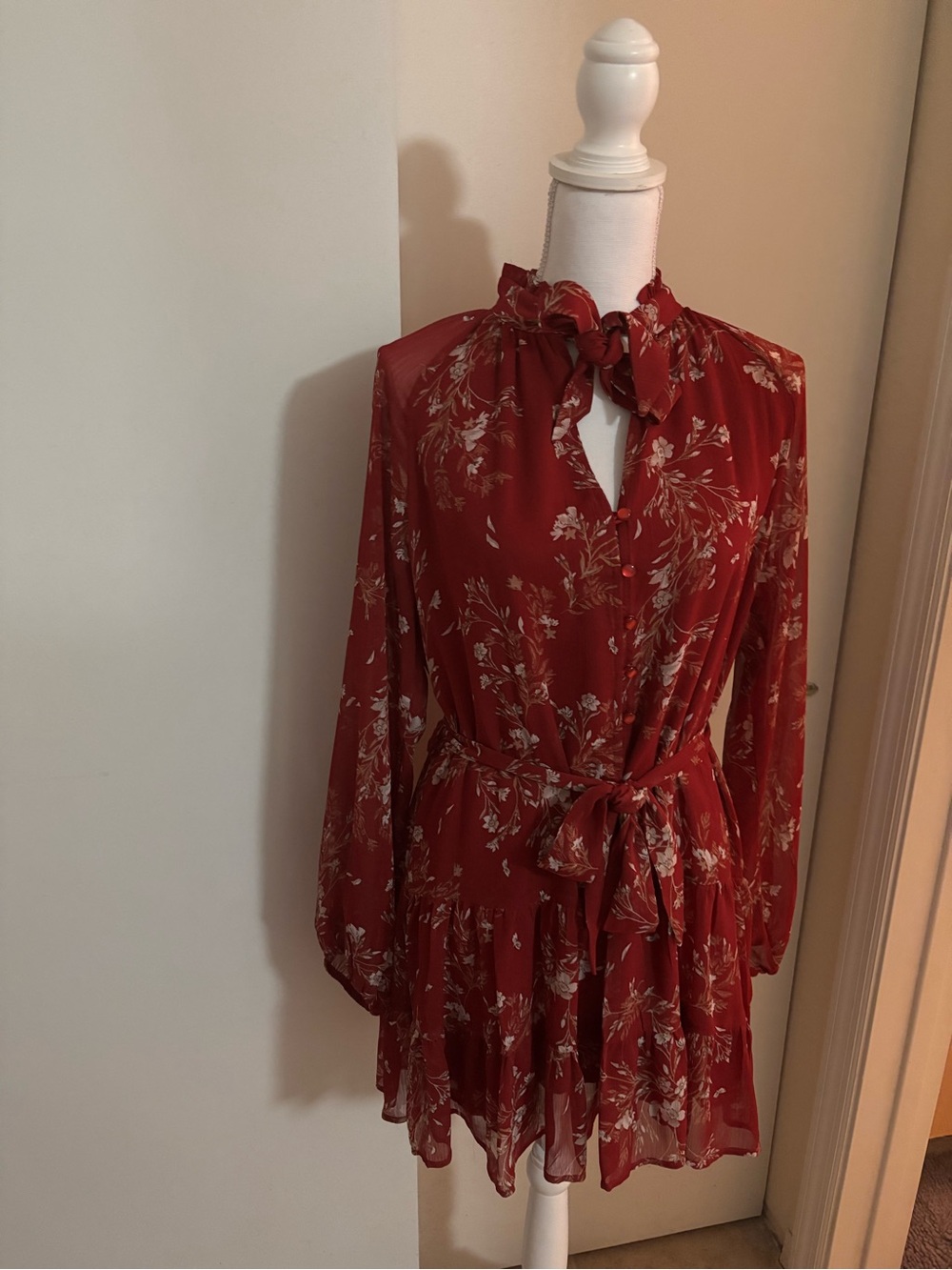 SHEIN Rust Red Floral Tie-Waist Long Sleeve Dress